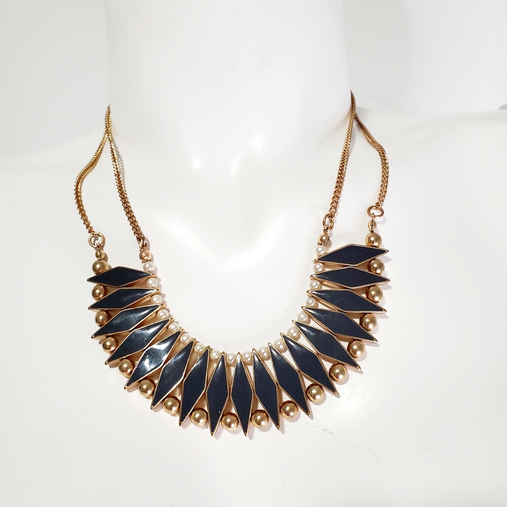 Gold-Tone Necklace with Dark Gray Enamel Chevron Accents